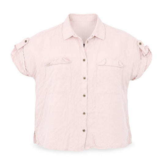 Front view of New Look women’s pink viscose basic button-up, size UK 10, collared