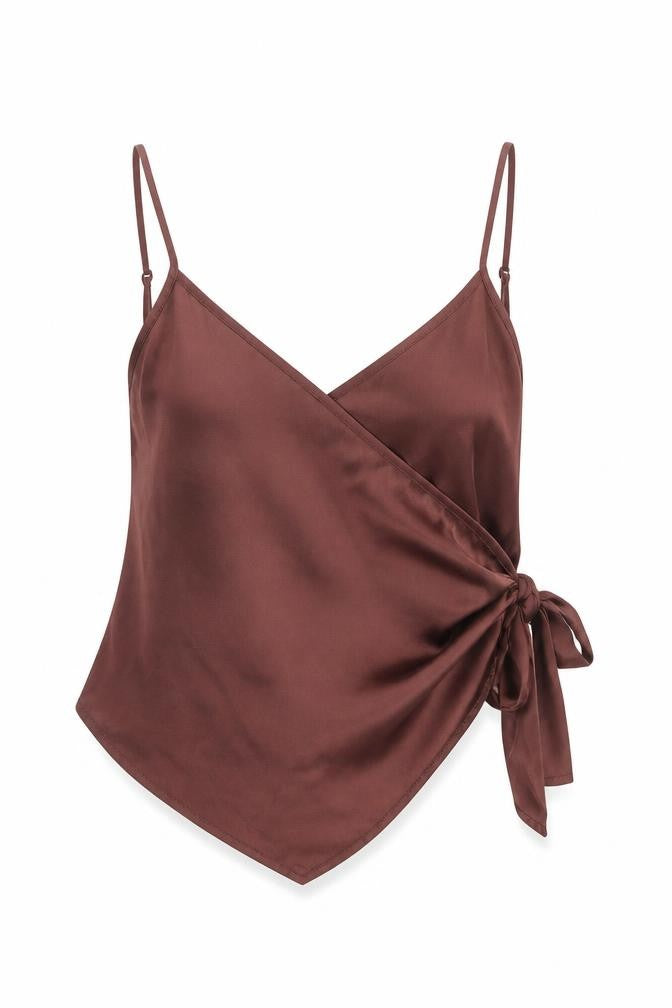Front view of ASOS women’s brown polyester wrap tank, size UK 14, v-neck - cropped