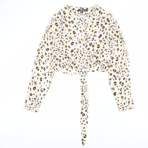 Missguided Womens Beige Animal Print Polyester Basic Button-Up Size 10 V-Neck - Leopard Print
