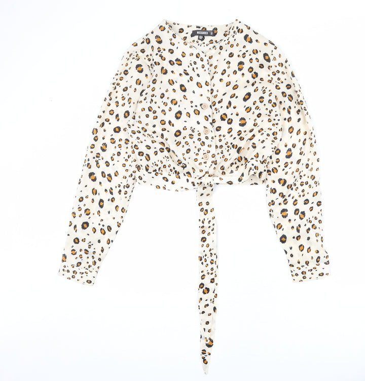 Missguided Womens Beige Animal Print Polyester Basic Button-Up Size 10 V-Neck - Leopard Print