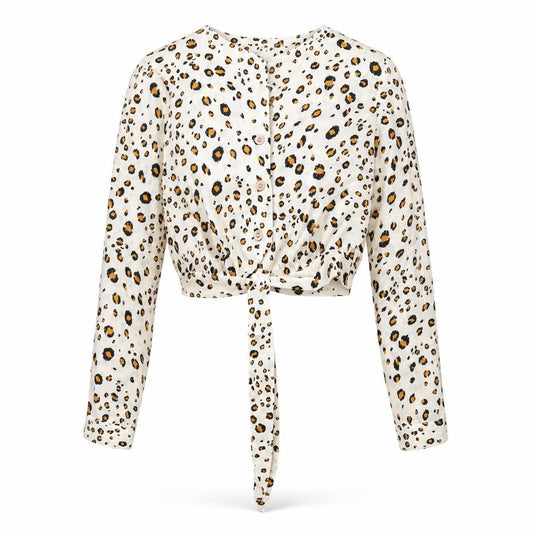 Front view of Missguided women’s beige animal print polyester basic button-up, size UK 10, v-neck - leopard print