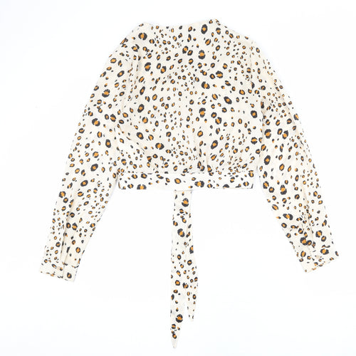 Missguided Womens Beige Animal Print Polyester Basic Button-Up Size 10 V-Neck - Leopard Print