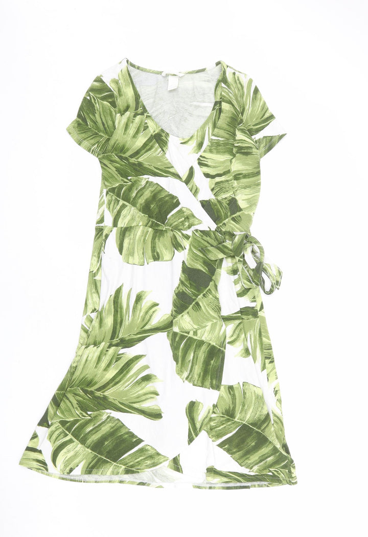 H&M Womens Green Geometric Viscose A-Line Size S V-Neck Pullover - Leaf pattern