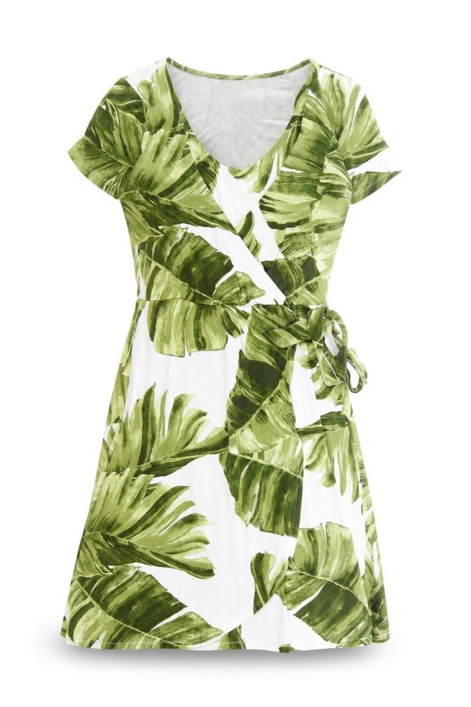 Front view of H&M women’s green geometric viscose a-line, size S, v-neck pullover - leaf pattern
