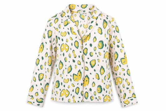 Front view of ASOS women’s pink geometric polyester basic button-up, size UK 10, v-neck