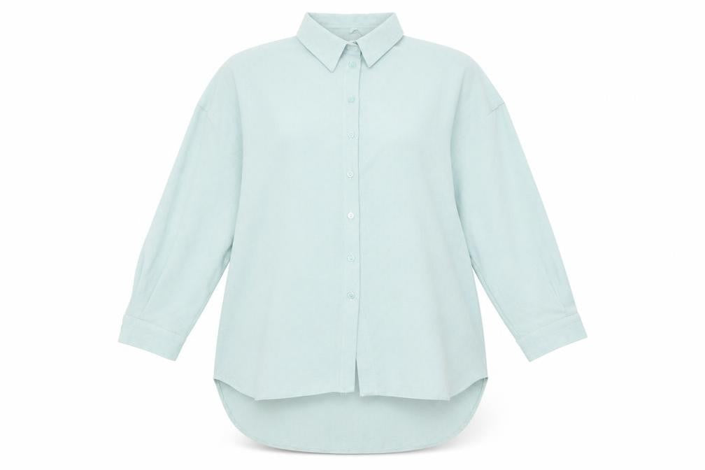 Front view of New Look women’s blue geometric polyester basic button-up, size UK 6, collared