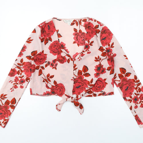 Missguided Womens Pink Floral Polyester Basic Button-Up Size 8 V-Neck - Knot Front