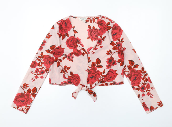 Missguided Womens Pink Floral Polyester Basic Button-Up Size 8 V-Neck - Knot Front