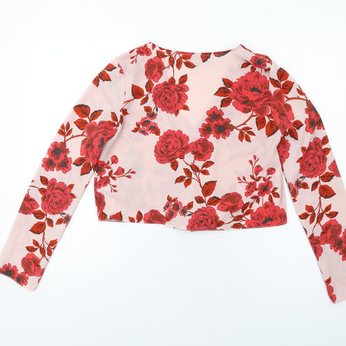 Missguided Womens Pink Floral Polyester Basic Button-Up Size 8 V-Neck - Knot Front