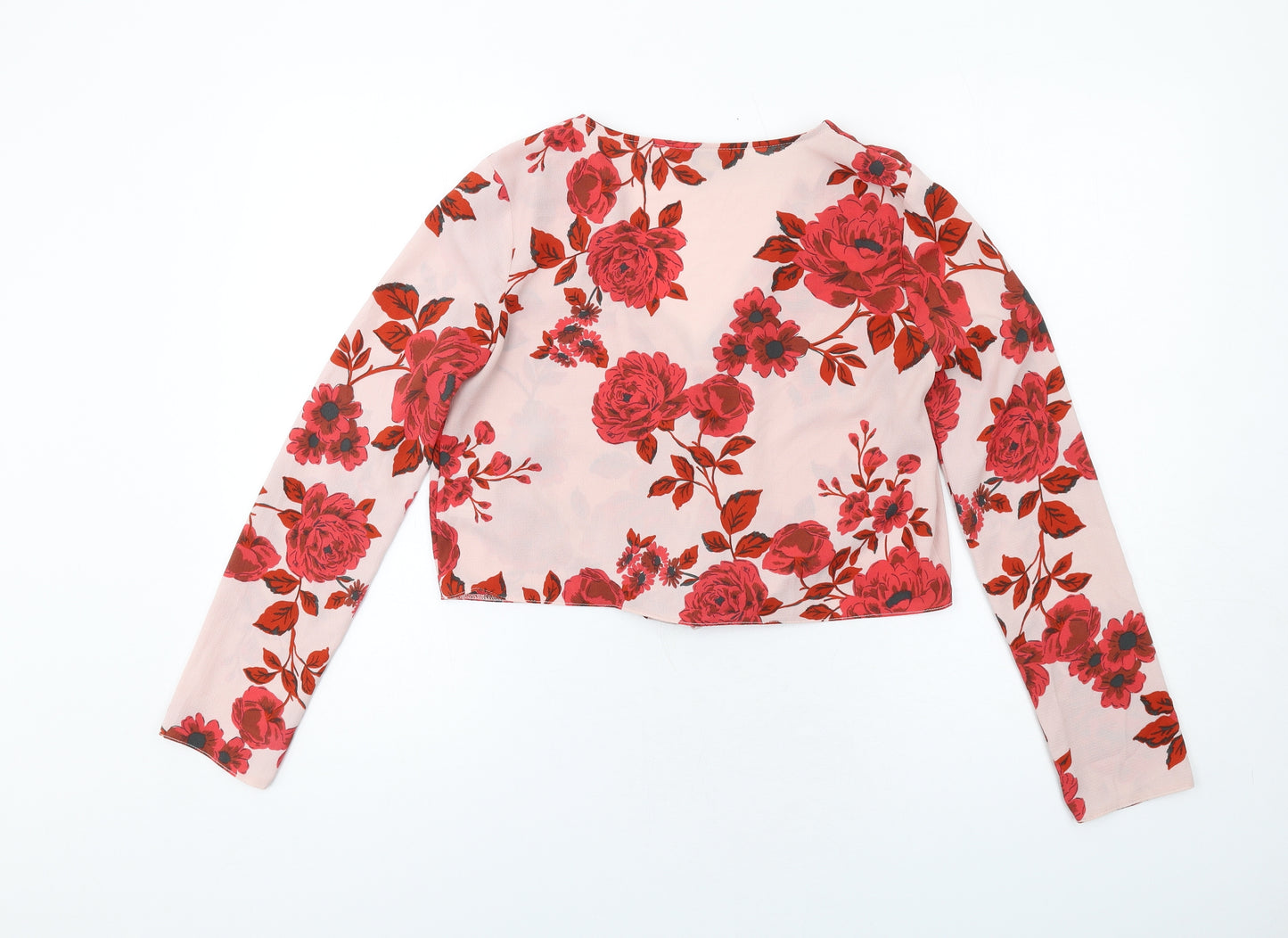 Missguided Womens Pink Floral Polyester Basic Button-Up Size 8 V-Neck - Knot Front