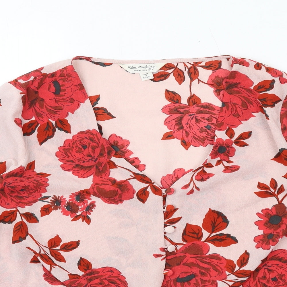 Missguided Womens Pink Floral Polyester Basic Button-Up Size 8 V-Neck - Knot Front