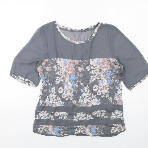 NEXT Womens Grey Floral Viscose Basic T-Shirt Size 14 Round Neck