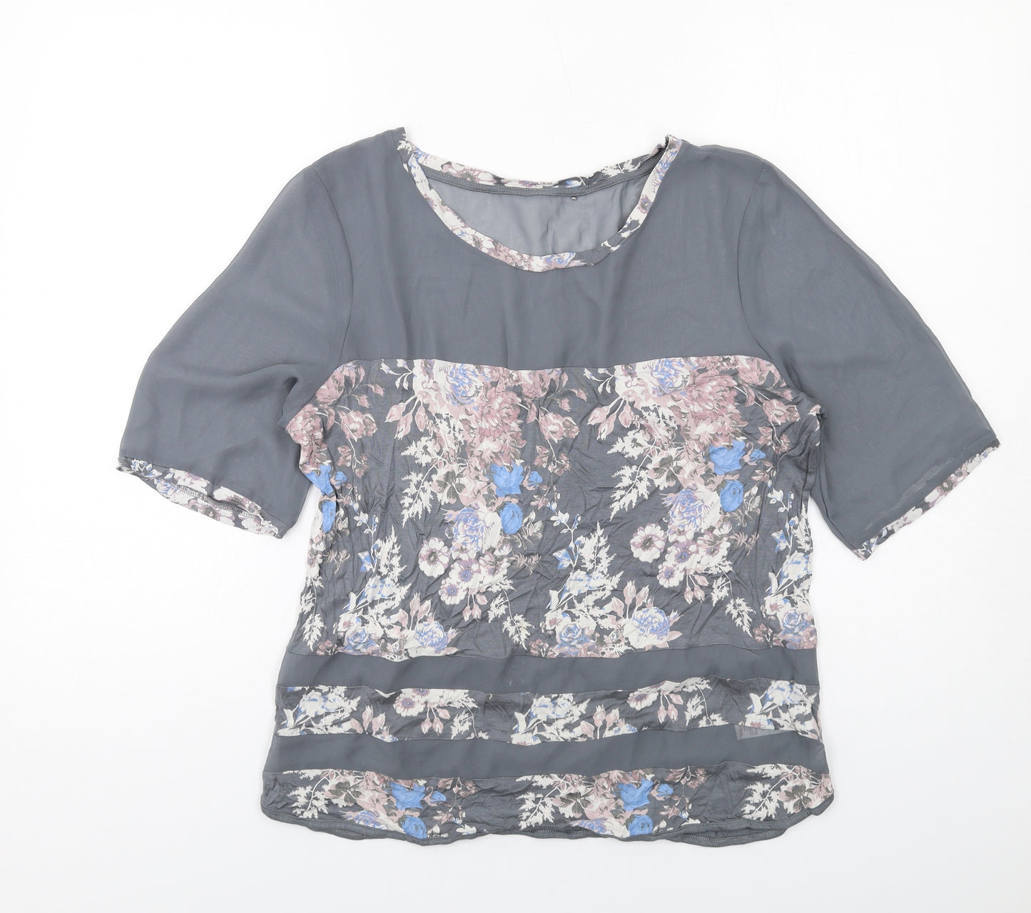 NEXT Womens Grey Floral Viscose Basic T-Shirt Size 14 Round Neck