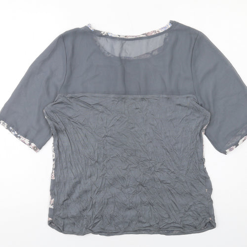 NEXT Womens Grey Floral Viscose Basic T-Shirt Size 14 Round Neck