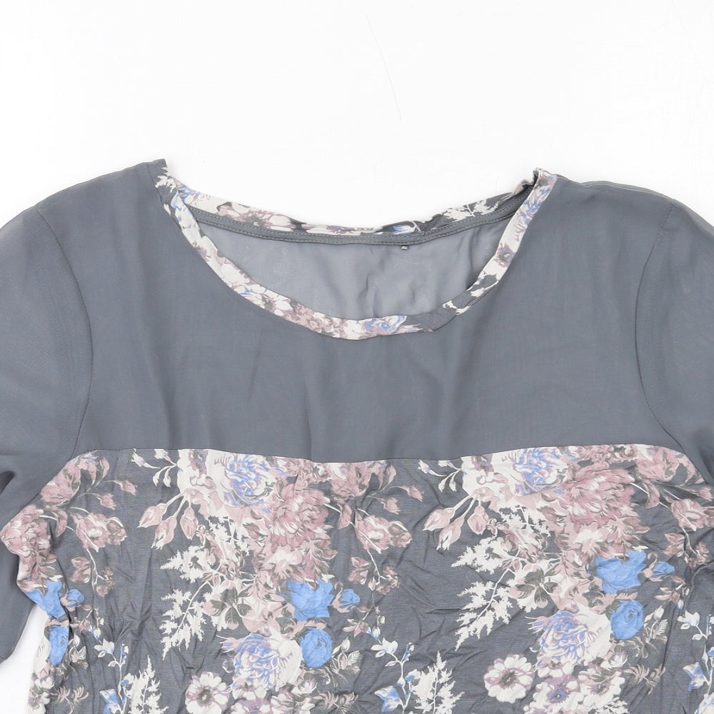 NEXT Womens Grey Floral Viscose Basic T-Shirt Size 14 Round Neck