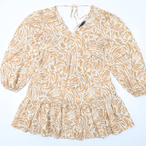 Marks and Spencer Womens Beige Geometric Viscose Skater Dress Size 14 V-Neck Pullover