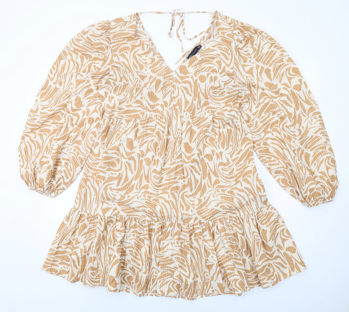 Marks and Spencer Womens Beige Geometric Viscose Skater Dress Size 14 V-Neck Pullover