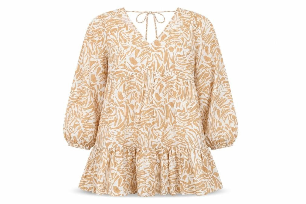 Marks and Spencer Womens Beige Geometric Viscose Skater Dress Size 14 V-Neck Pullover