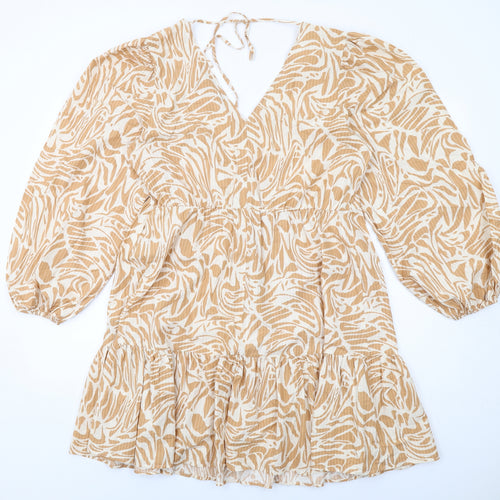 Marks and Spencer Womens Beige Geometric Viscose Skater Dress Size 14 V-Neck Pullover