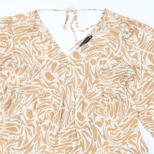 Marks and Spencer Womens Beige Geometric Viscose Skater Dress Size 14 V-Neck Pullover