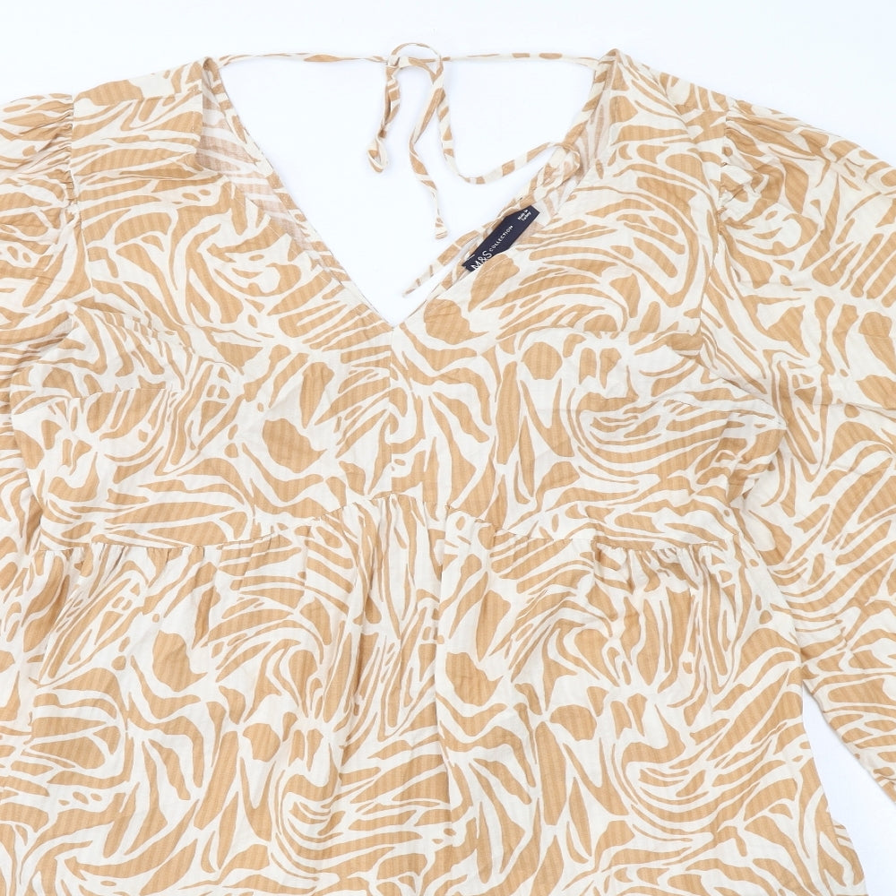Marks and Spencer Womens Beige Geometric Viscose Skater Dress Size 14 V-Neck Pullover