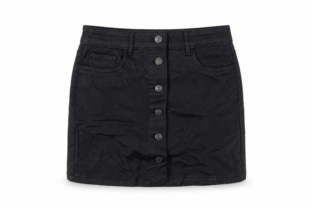 Front view of New Look women’s black viscose a-line skirt, size UK 8, button