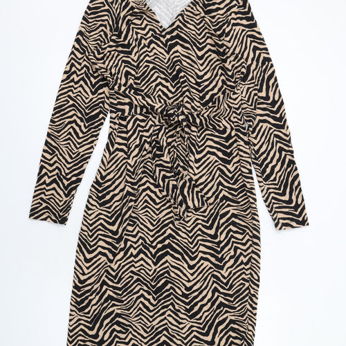 Marks and Spencer Womens Beige Animal Print Viscose A-Line Size 14 V-Neck Pullover - Tiger pattern