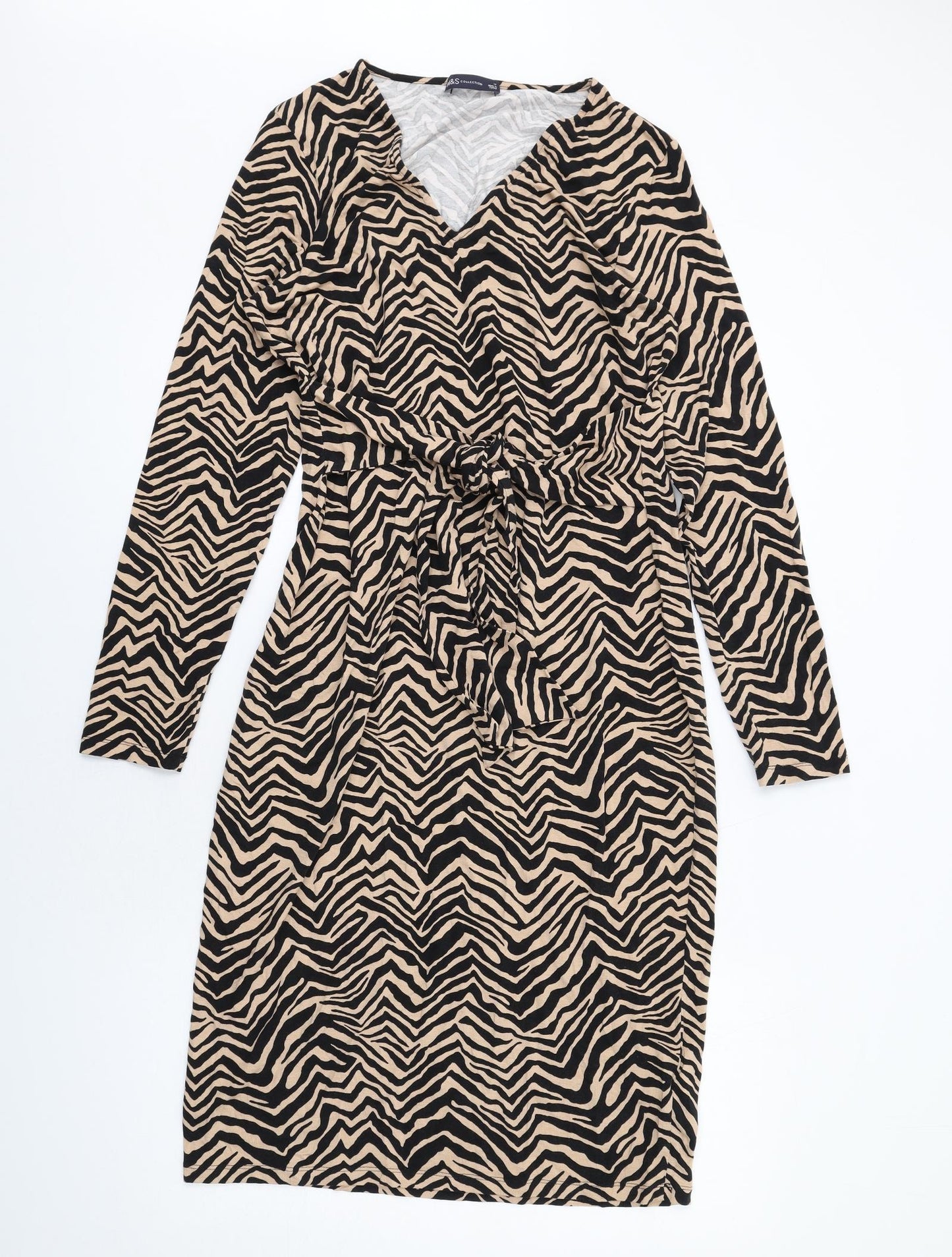 Marks and Spencer Womens Beige Animal Print Viscose A-Line Size 14 V-Neck Pullover - Tiger pattern
