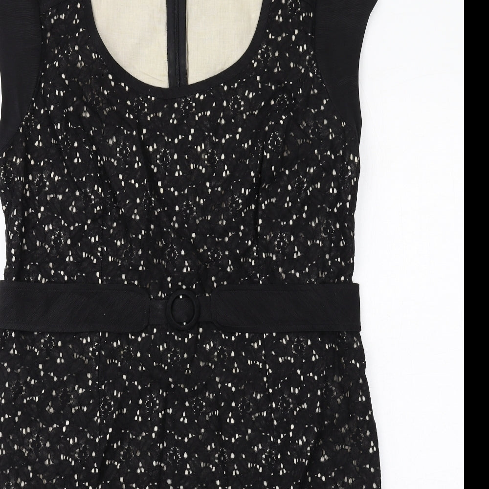 Minuet Womens Black Geometric Cotton Shift Size 16 Scoop Neck Zip