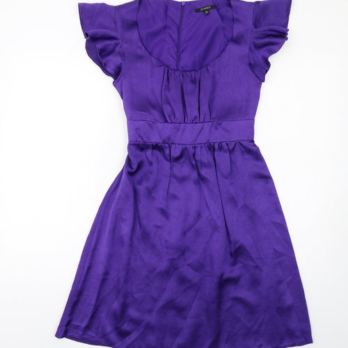 Dunnes Stores Womens Purple Polyester Fit & Flare Size 12 Scoop Neck Zip - Ruffle Sleeve