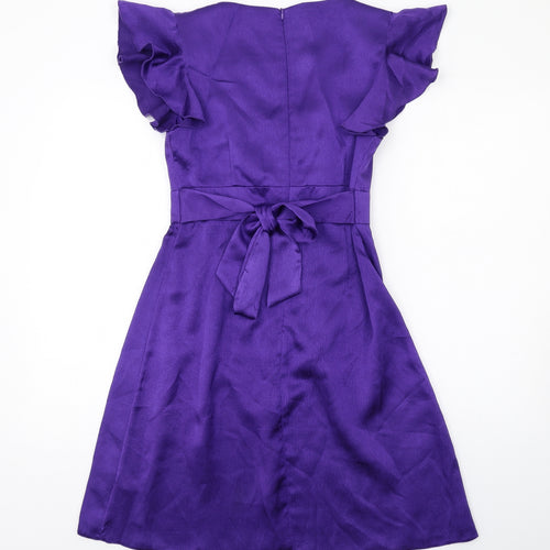 Dunnes Stores Womens Purple Polyester Fit & Flare Size 12 Scoop Neck Zip - Ruffle Sleeve