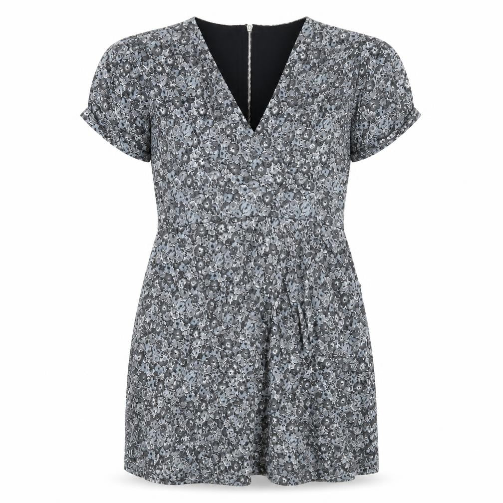 Front view of Oasis women’s grey floral polyester mini, size L, v-neck zip
