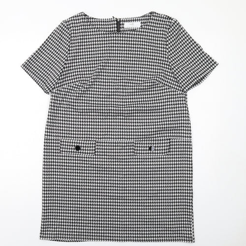 Wallis Womens Black Geometric Polyester Shift Size 14 Boat Neck Zip