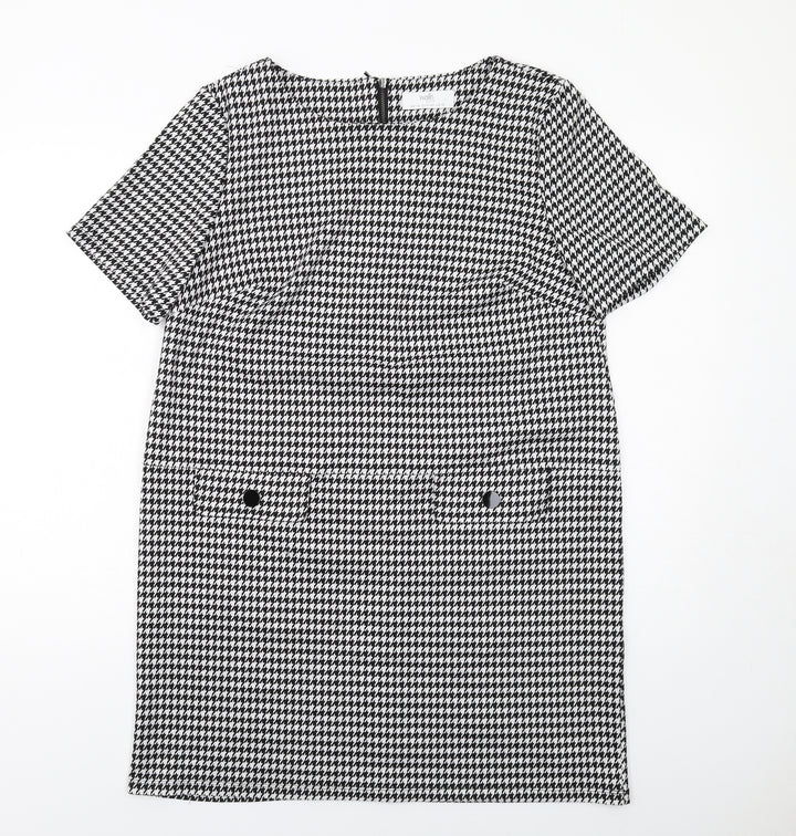 Wallis Womens Black Geometric Polyester Shift Size 14 Boat Neck Zip