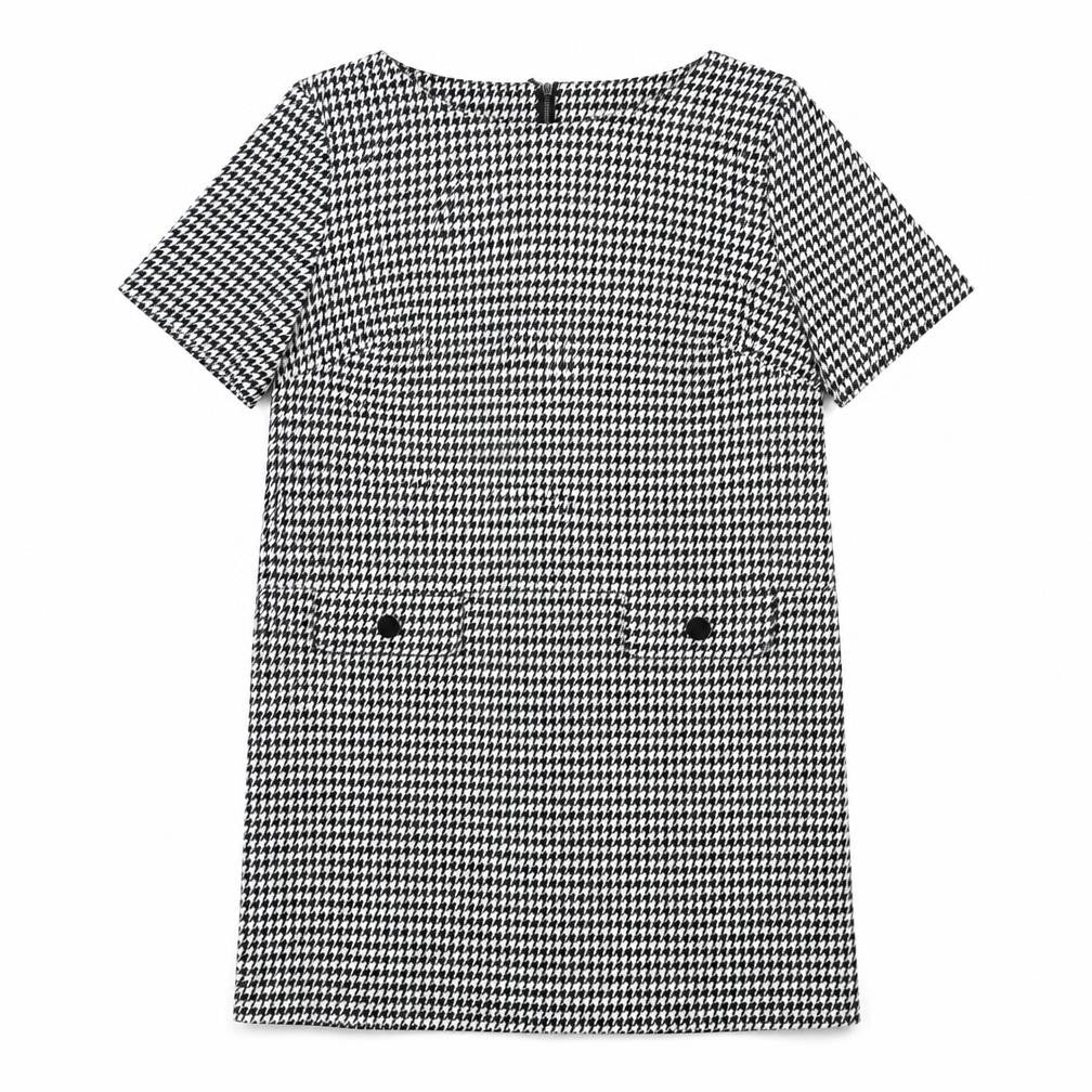 Front view of Wallis women’s black geometric polyester shift, size UK 14, boat neck zip