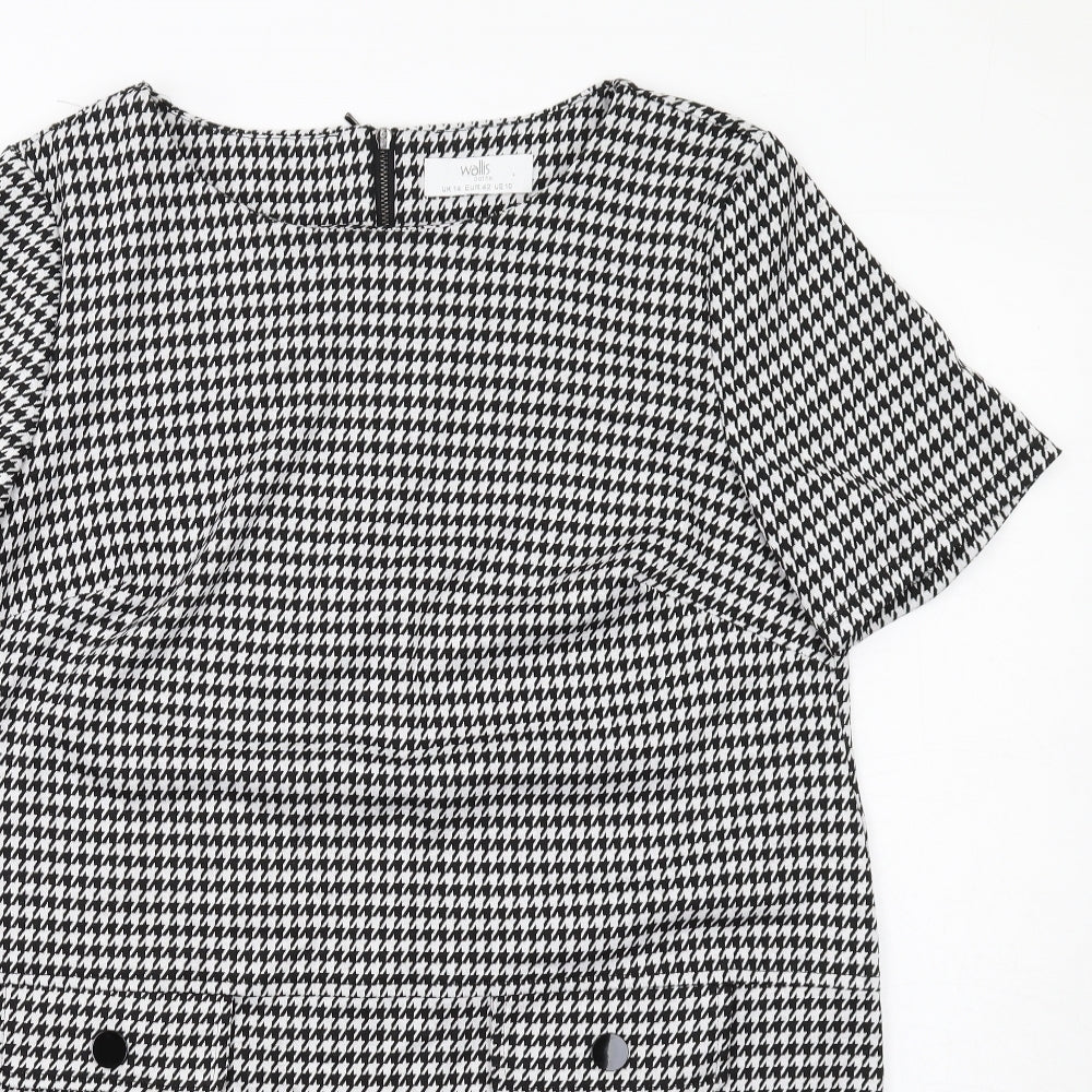 Wallis Womens Black Geometric Polyester Shift Size 14 Boat Neck Zip