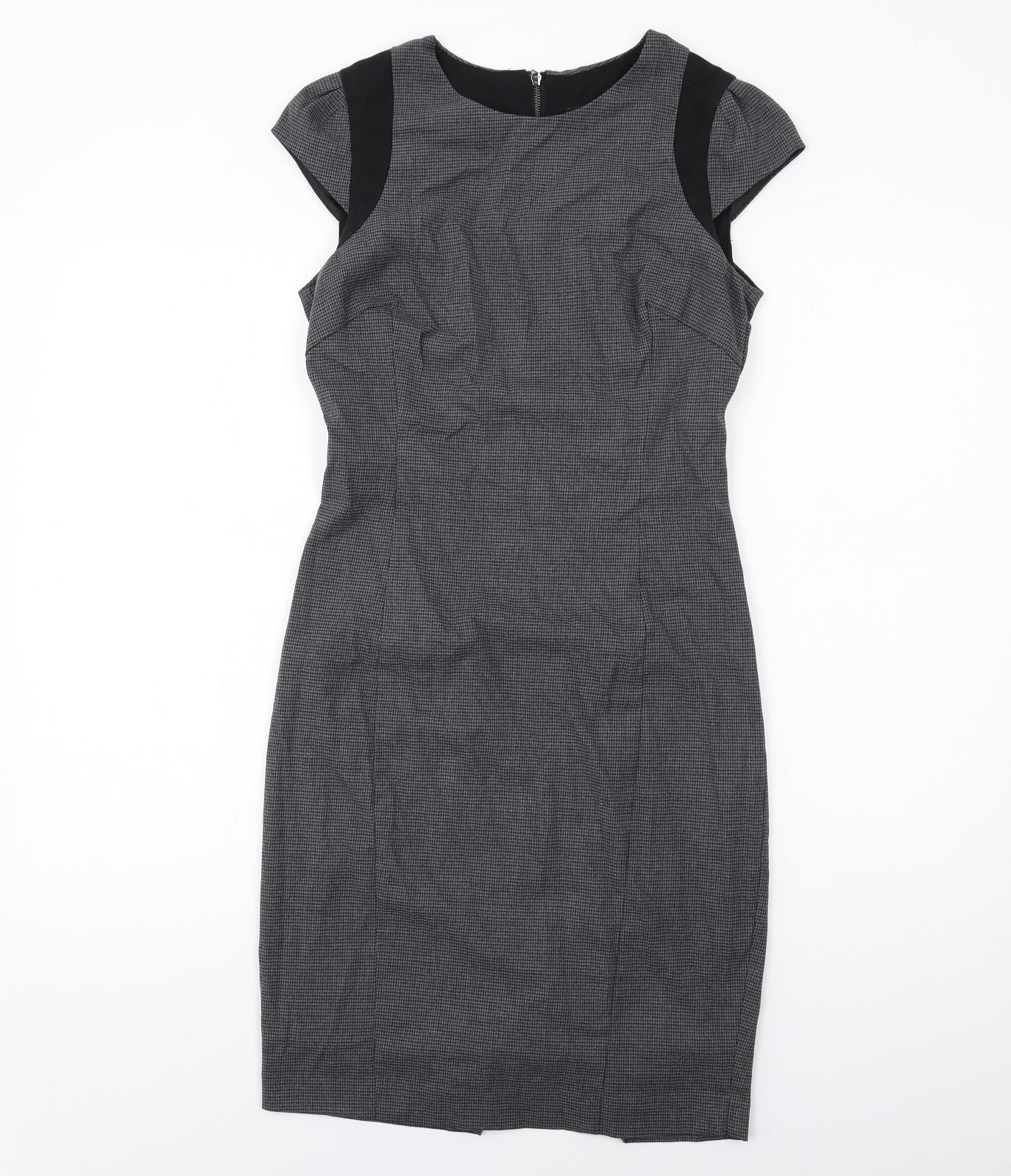 Zara Womens Grey Geometric Polyester Pencil Dress Size S Round Neck Zip - Cap Sleeve