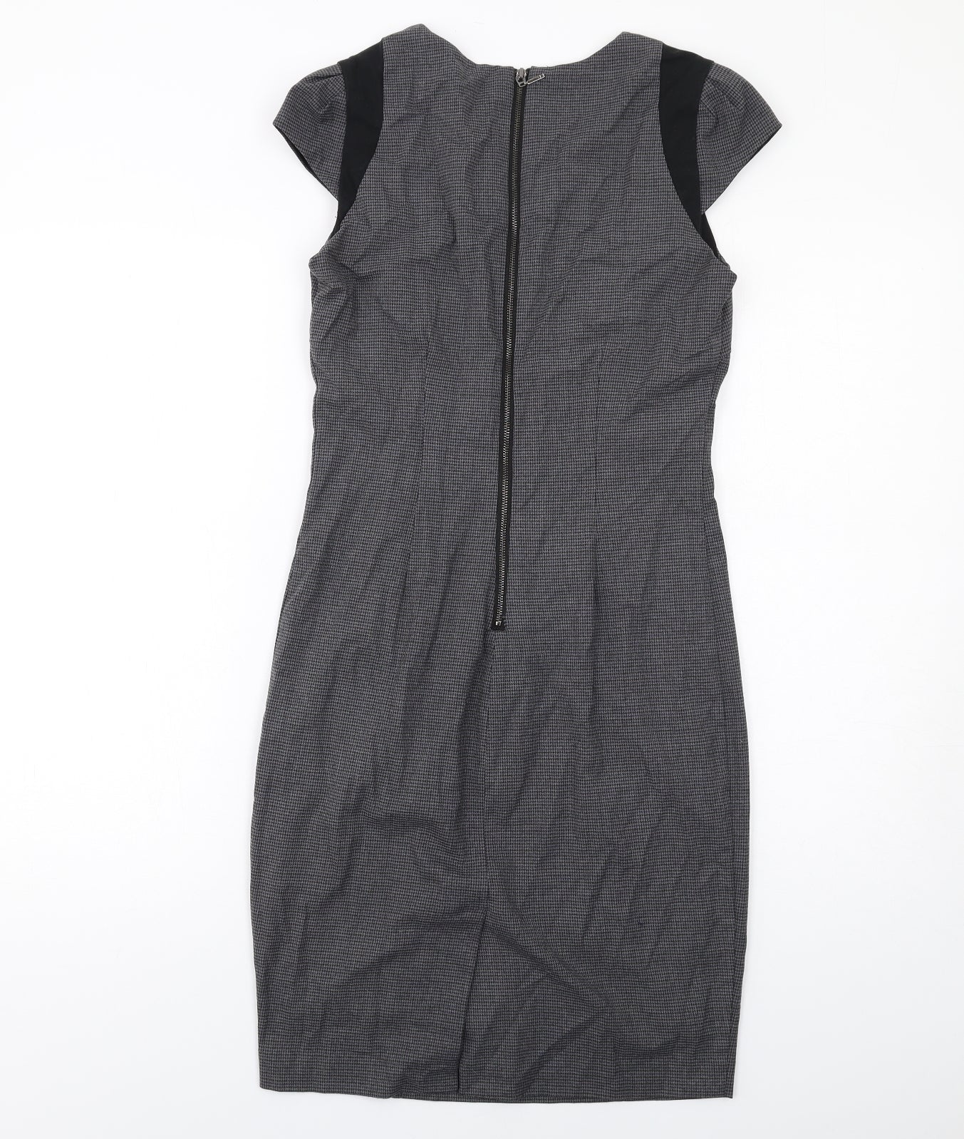 Zara Womens Grey Geometric Polyester Pencil Dress Size S Round Neck Zip - Cap Sleeve