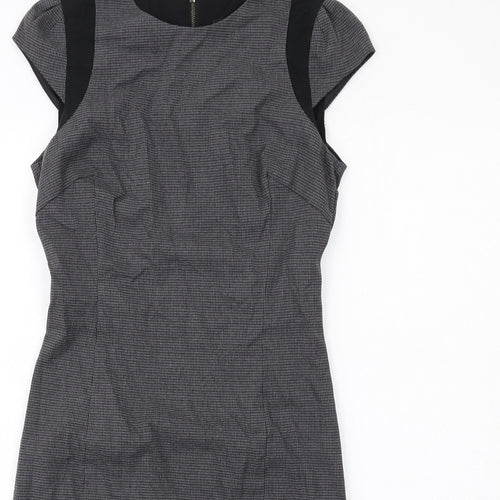 Zara Womens Grey Geometric Polyester Pencil Dress Size S Round Neck Zip - Cap Sleeve