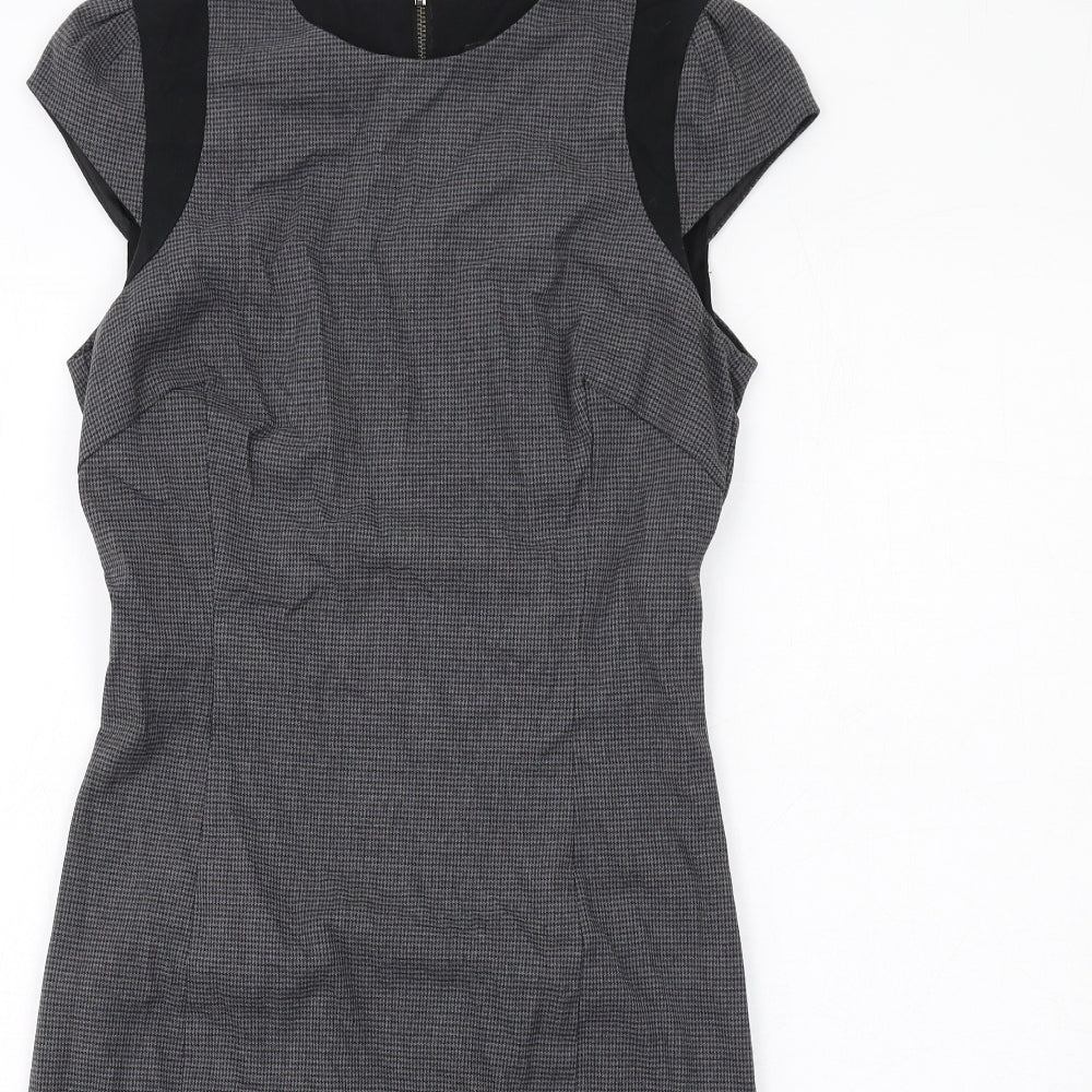 Zara Womens Grey Geometric Polyester Pencil Dress Size S Round Neck Zip - Cap Sleeve