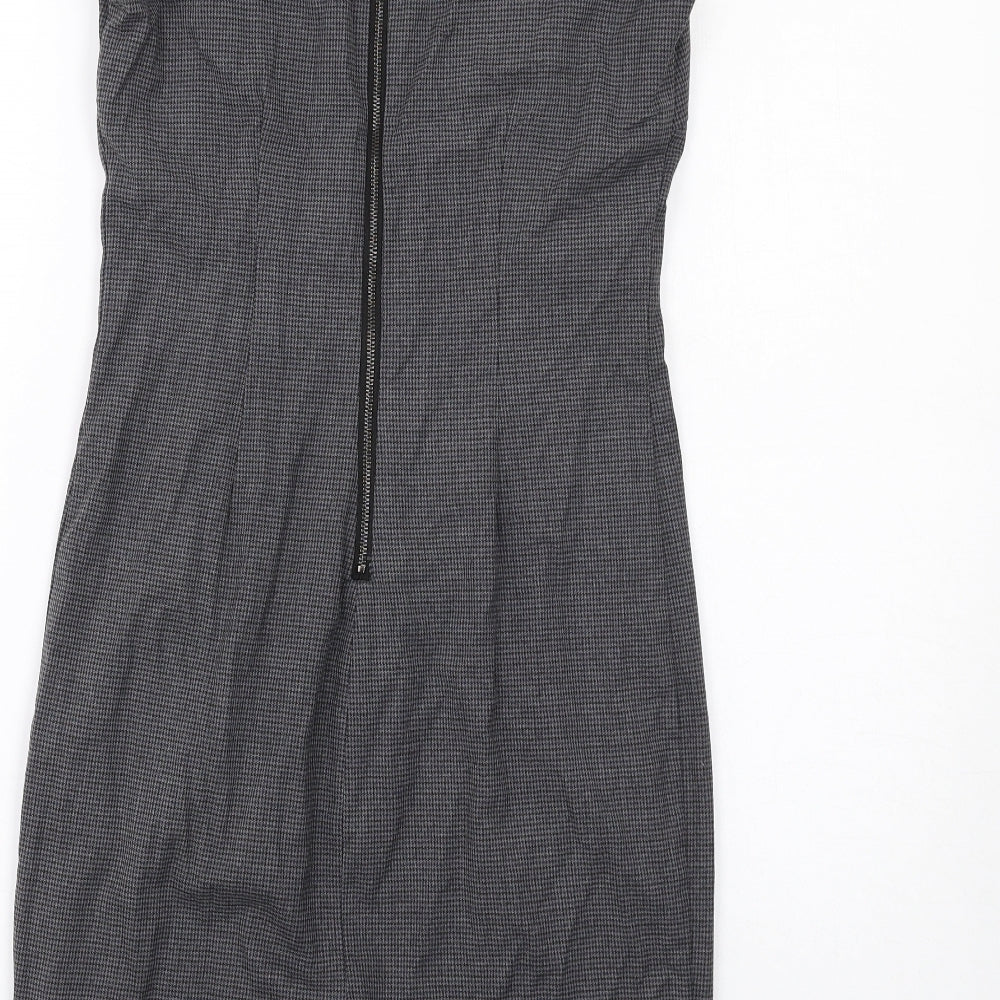 Zara Womens Grey Geometric Polyester Pencil Dress Size S Round Neck Zip - Cap Sleeve