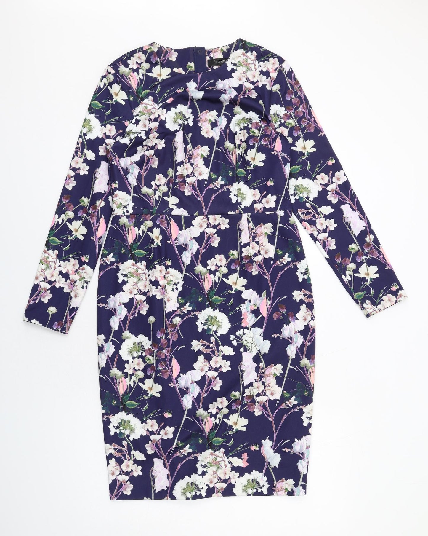 Autograph Womens Purple Floral Polyester Shift Size 12 Round Neck Zip