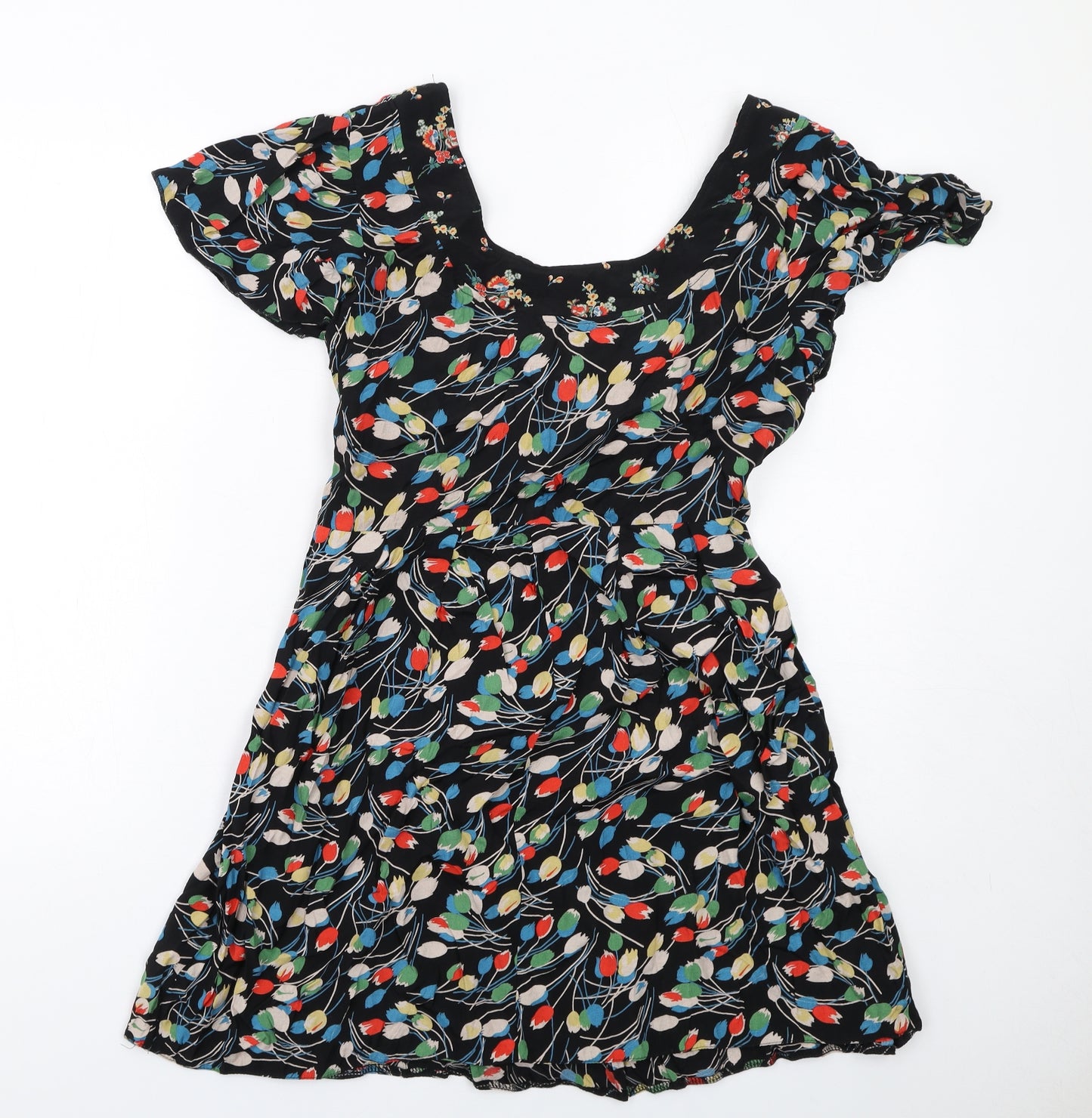 Dorothy Perkins Womens Black Floral Viscose A-Line Size 16 Round Neck Zip