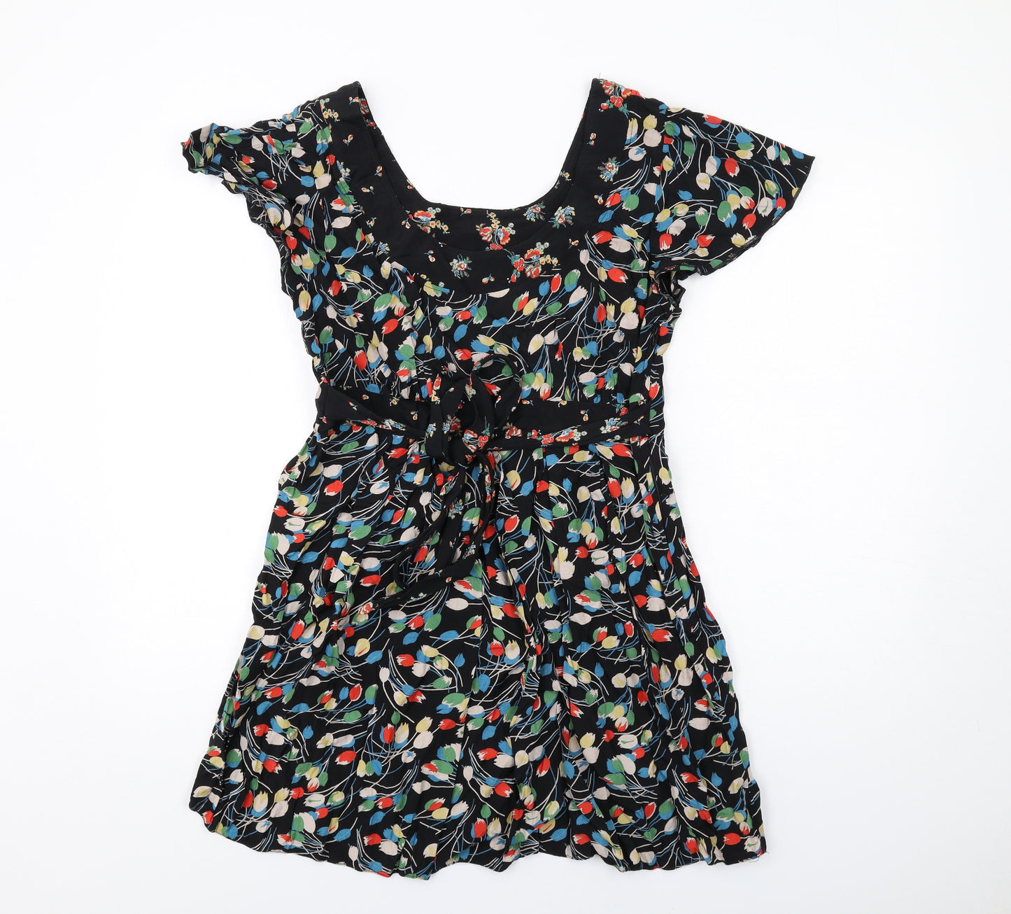 Dorothy Perkins Womens Black Floral Viscose A-Line Size 16 Round Neck Zip