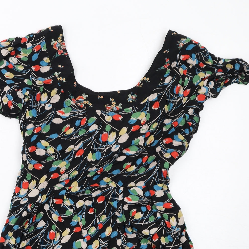 Dorothy Perkins Womens Black Floral Viscose A-Line Size 16 Round Neck Zip