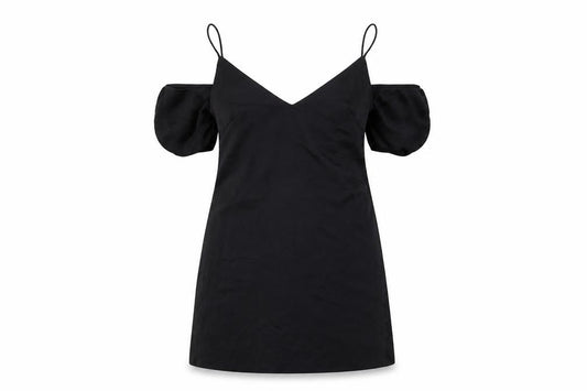 Front view of ASOS women’s black polyester a-line, size XS, v-neck pullover - cold shoulder