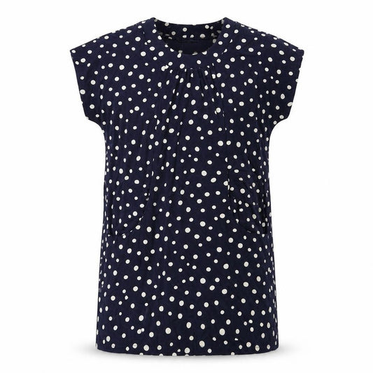 Front view of Grove women’s blue polka dot polyester t-shirt dress, size UK 12, round neck pullover