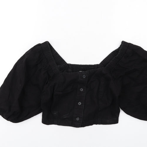 New Look Womens Black Cotton Cropped Blouse Size 6 Square Neck