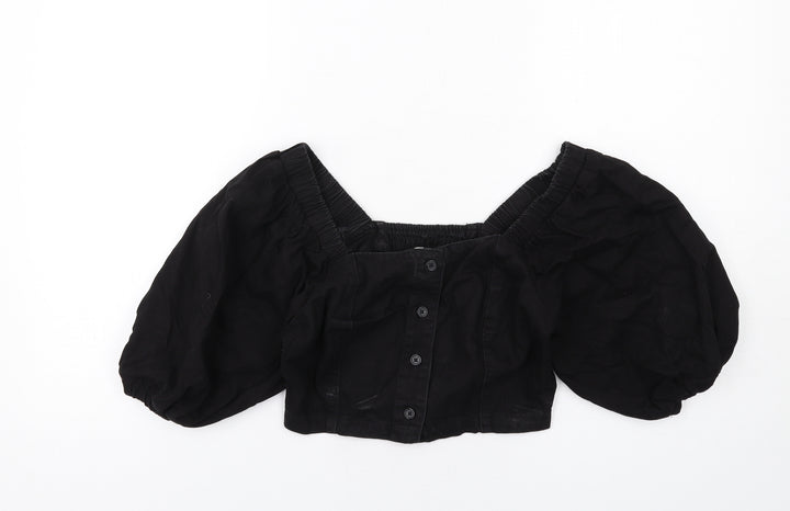 New Look Womens Black Cotton Cropped Blouse Size 6 Square Neck