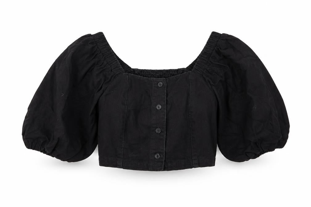 Front view of New Look women’s black cotton cropped blouse, size UK 6, square neck
